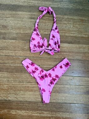 Skatie Pink Floral Halter Bikini Set